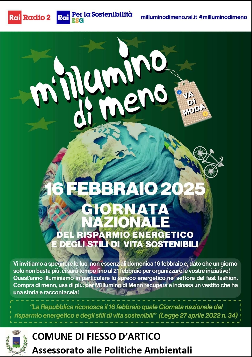 M'ILLUMINO DI MENO 2025 - Giornata Nazionale del Risparmio Energetico e degli stili di vita Sostenibili -  A FIESSO D'ARTICO MARTEDI' 18 FEBBRAIO 2025