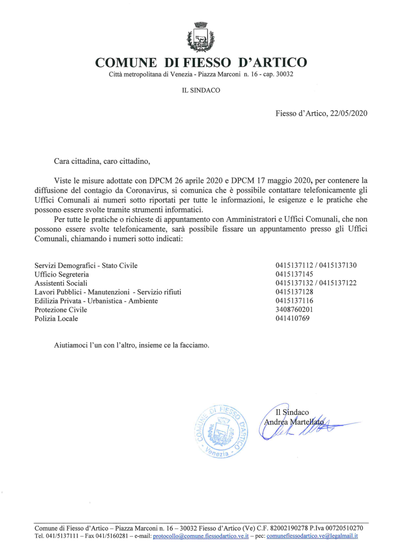 Emergenza Coronavirus:  Accesso agli Uffici Comunali aggiornato al 22/05/2020