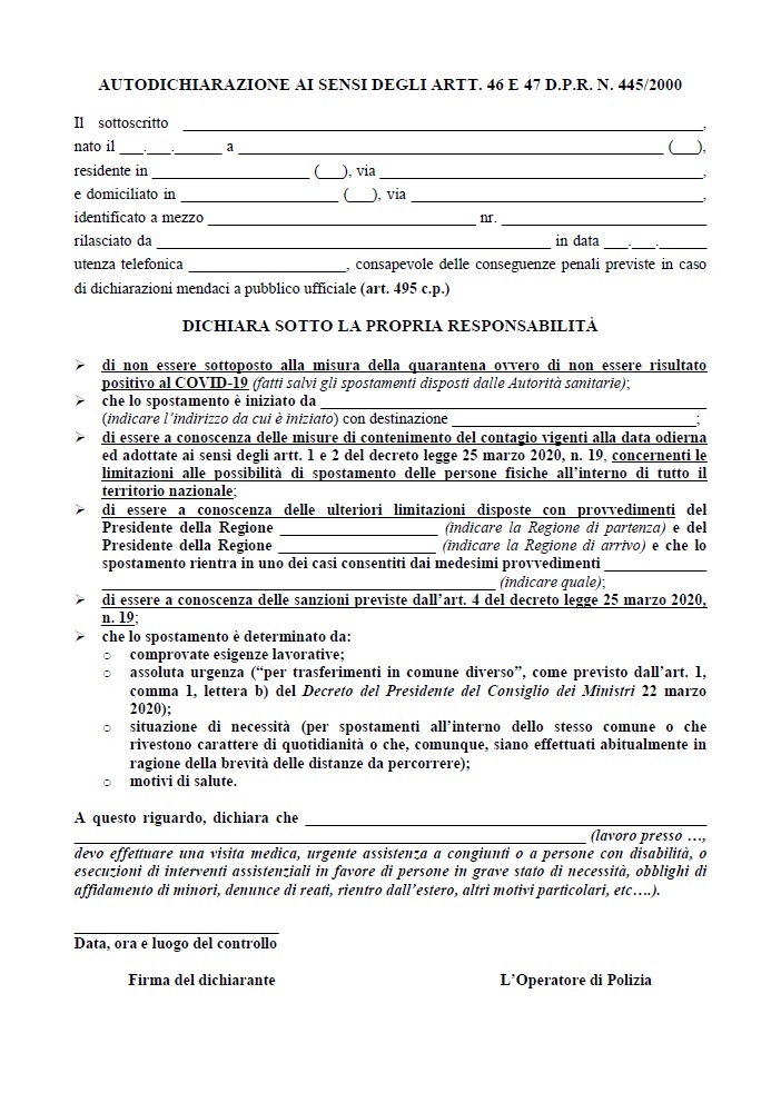 Nuova autodichiarazione versione del 26.03.2020 