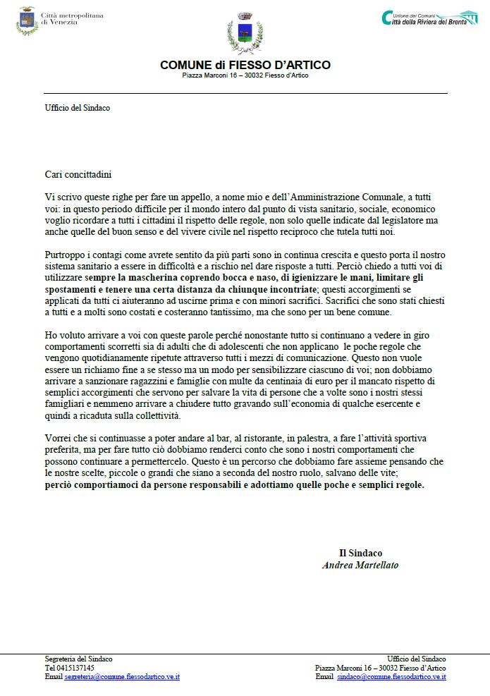 Lettera del Sindaco ai cittadini